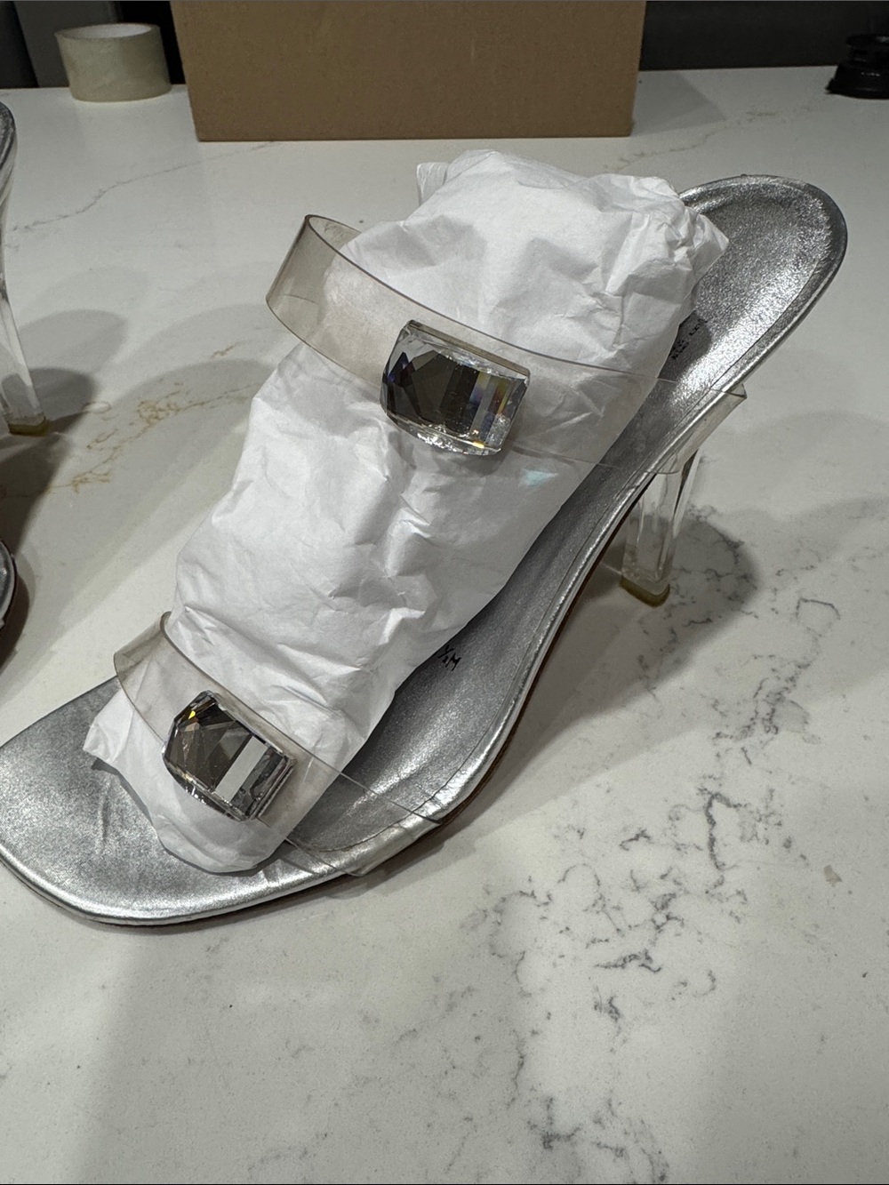 Stuart Weitzman Silver Clear Strap Slide Heels